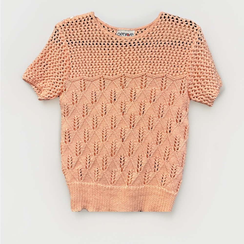 Women's Vintage Short-Sleeve Pink Crochet Penrose Sweater Cottage Core